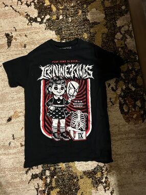 Black Graphic Tee with Red & White Horror Cartoon Design
